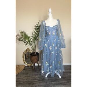 Women's Puffy Sleeve Prom Dresses Flower Embroidery Tulle